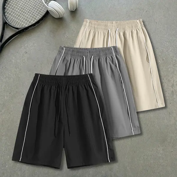 summervibes3-pack loose, versatile pieces featuring side pockets, elastic waistband design, striped color-block panels; suitable for outdoor leisure travel and everyday wear.