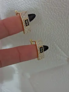 14K Gold Plated Zirconia Elegant Hoop Earrings (Black Detail)