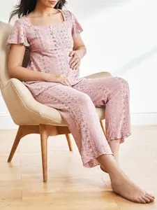 Women's Jacquard Square Neck Pleated Short Sleeve Long Pants Sleepwear Set, Comfortable Maternity Pajamas, Casual Home Wear, Maternity Clothing