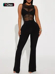 Women's Valentine's Day Sexy Transparent Sheer Mesh Ruched Butt-Lifting Flare Pants, Round Neck Skin-Friendly Soft Knit Fabric, Perfect for Parties & Casual Wear