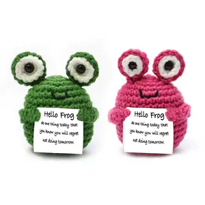 Handmade Crochet Couple Frog Plush Set - 2 Pcs Cute Amigurumi Frog Soft Stuffed Animals with Inspirational Card, 3.9 Inch Kawaii Frog Toys for Valentine's Day Gift/Desk Decor