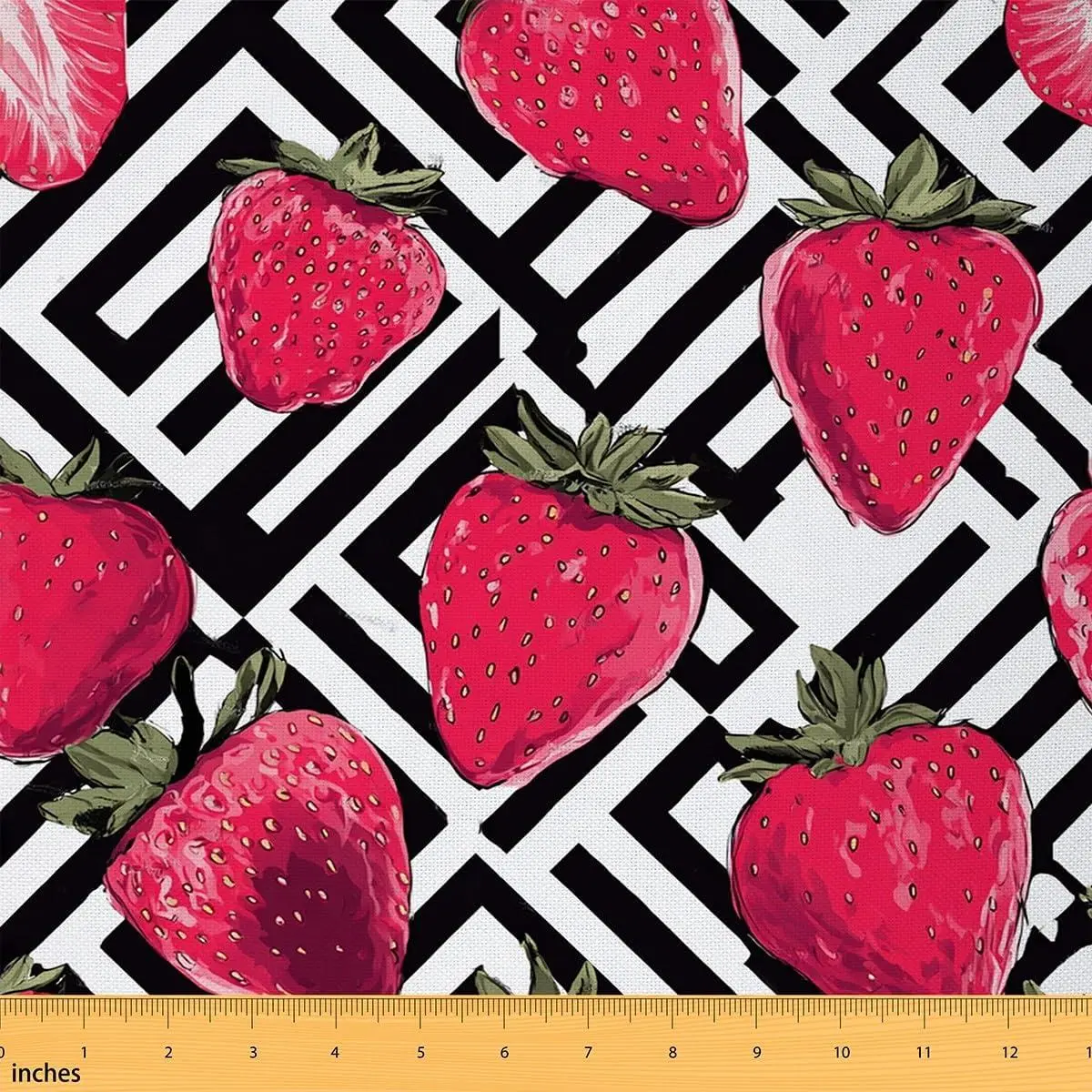 Strawberry Fabric,Summer Strawberries Theme Design Upholstery Fabric Home DIY Projects,Geometric Plaid Squares Decorative,,White Black Soft Flannel