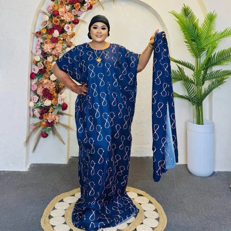 Dera Abayas - Elegant Blue Abaya with White Infinity Print and Matching Scarf for Stylish Wear