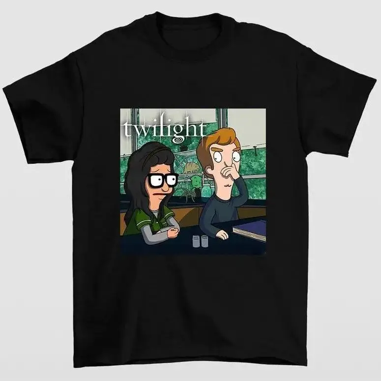 Unisex Cotton Relaxed-Fit Shortsleeve Streetwear Sports Top, Twilight Movie Vampire x Bob’s Burgers Belcher Family Funny Crossover Graphic Tee for Fans, Menswear Casual Shirt