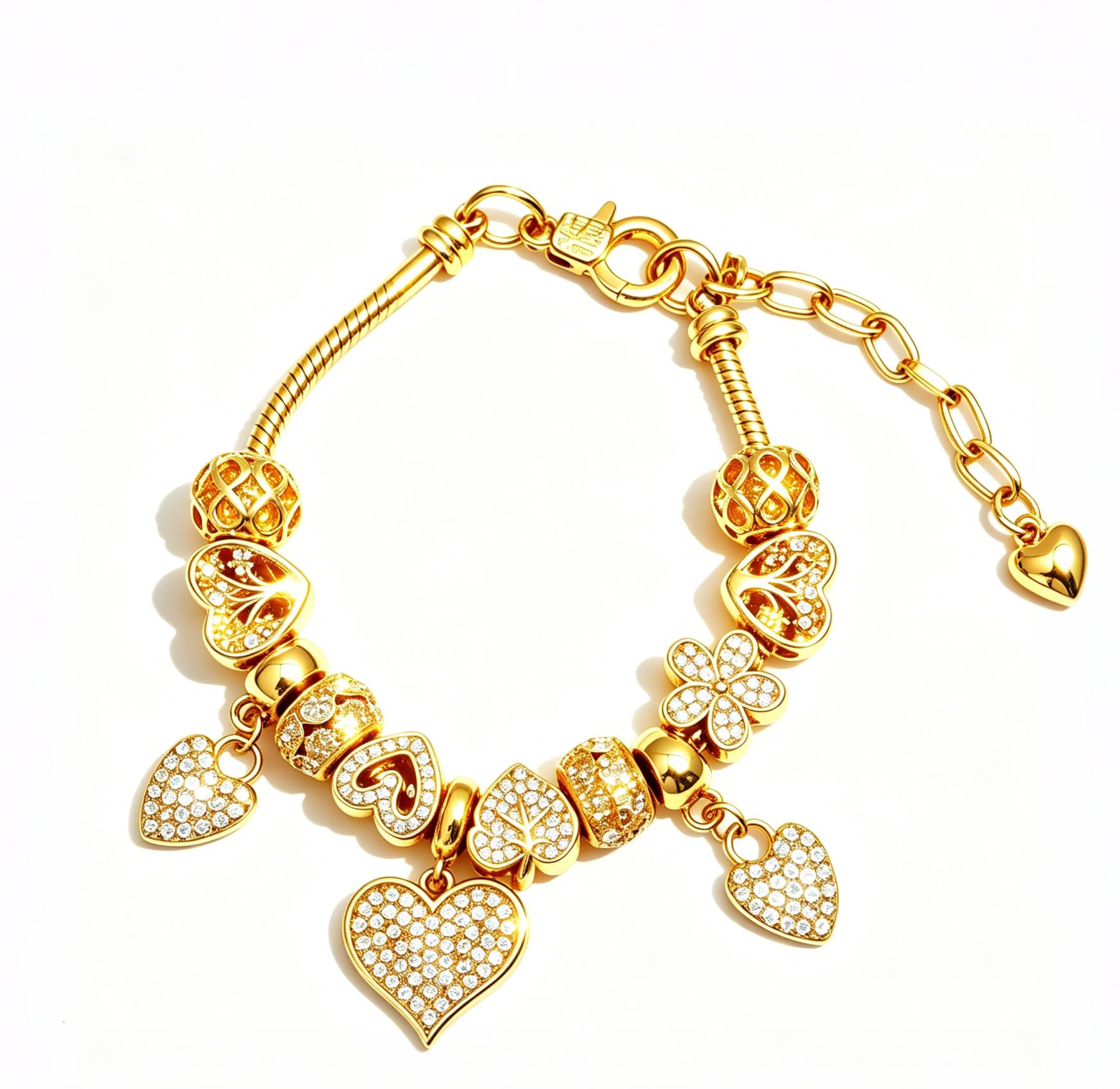 Women's 14K Gold-Plated Adjustable Length Snake Chain Bracelet - Gold Heart Crystal, Multi-Heart Charms, Clover Leaf Pave Diamond Jewelry for Women, Female Wear, Gift Idea Fashion Accessory