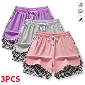 3PCS women’s casual athletic shorts, built-in lining, drawstring design, elastic waistband — suitable for outdoor sports, fitness, running, and everyday wear; women’s shorts, athletic shorts, women’s clothing