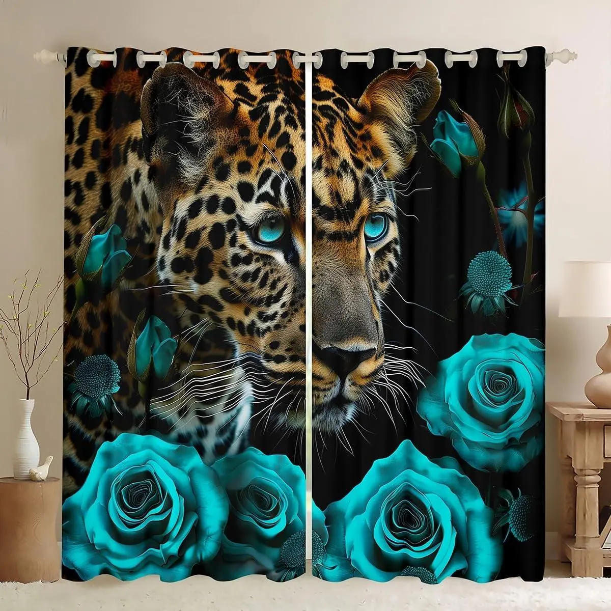 Cheetah Curtains Teal Turquoise Rose Curtains & Drapes,Leopard Print Blackout African Safari Animals Big Cat Spot 2 Panels,Romantic Floral Wildlife Wild Animal Room Decor