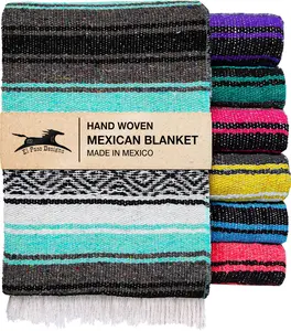 El Paso Designs Mexican Yoga Blanket – Colorful Falsa Serape Throw for Yoga, Beach, Picnic, Saddle, or Home Décor – Soft Woven Boho Blanket (Cool Mint & Gray)