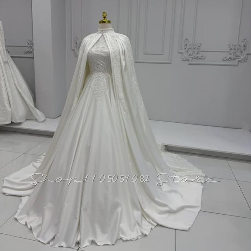 Customized Luxury High Neck Muslim Wedding Dresses High Neck Beaded Lace Trailing A-line Arabian Bridal Gowns robe de mariée