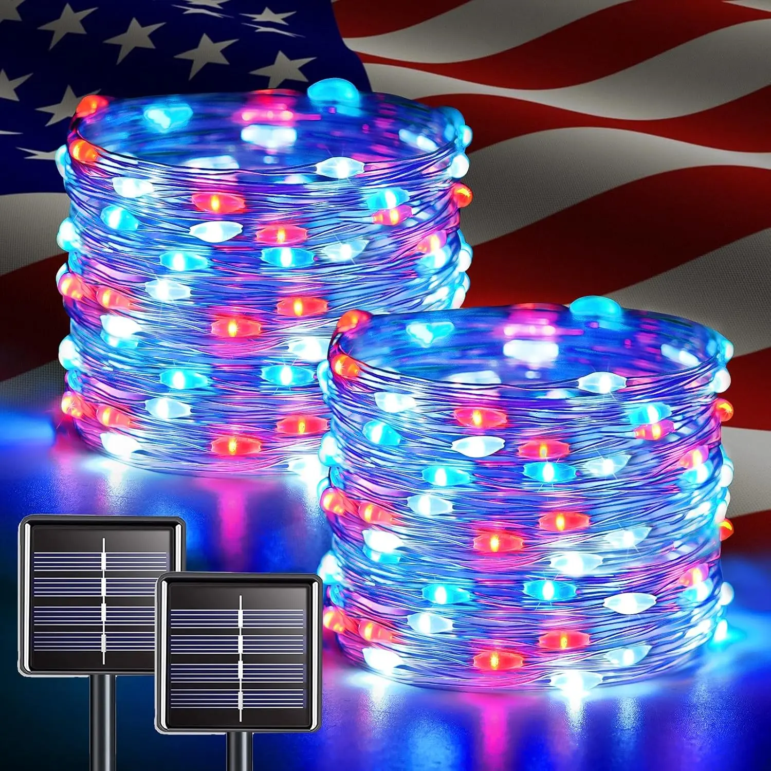 2 Pack Red White Blue Solar String Lights, Each 33FT 100LED 8 Modes Waterproof Outdoor Fairy Lights, Patriotic 4th of July Independence Day Decor Lights for Garden Yard Patio Party Holiday Decoration home festive party decor 8-in-1 american