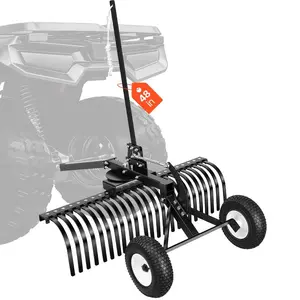 Summervibes VEVOR 48in Tow Behind Landscape Rake, Pull Behind Lawn Rock Rakes for ATV Mower Tractors, 24 Durable Steel Tines, Adjustable Height Angle, Heavy Duty Dethatcher Rake for Leaves Debris