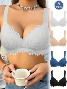 Ecomilky 4-pack black, white, beige and blue women's comfortable sexy lace bra underwear wide shoulder straps steel ring push-up bra suitable for all seasons Lingerie Womenswear Bridal Basic bras Underwire Minimizer Minimalist