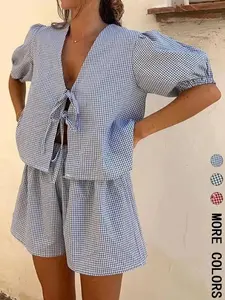 Two-Piece Set Women's Gingham Print Tie Front Shirt & Shorts Set, Blouse Shorts Set, Casual Short Sleeve Top & Shorts for Summer, Ladies Clothes for Daily Wear