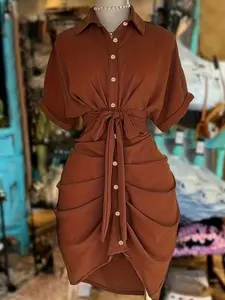 Women's Elegant Plain Short Sleeve Batwing Shirt Dress, Single Button Bow Tie Waist Cinching Design, Spring & Fall Fashion, Womenswear