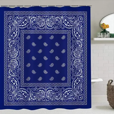 Blue Bohemian style shower curtain set, Decorative shower curtain, Bathroom Shower Equipment, non-slip mat, U-shaped rug, toilet seat cover, Bathroom Decoration Accessories, Bathroom Decor And Accessories, Includes 12 shower curtain hooks