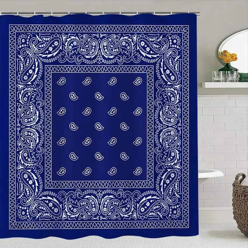 Blue Bohemian style shower curtain set, Decorative shower curtain, Bathroom Shower Equipment, non-slip mat, U-shaped rug, toilet seat cover, Bathroom Decoration Accessories, Bathroom Decor And Accessories, Includes 12 shower curtain hooks
