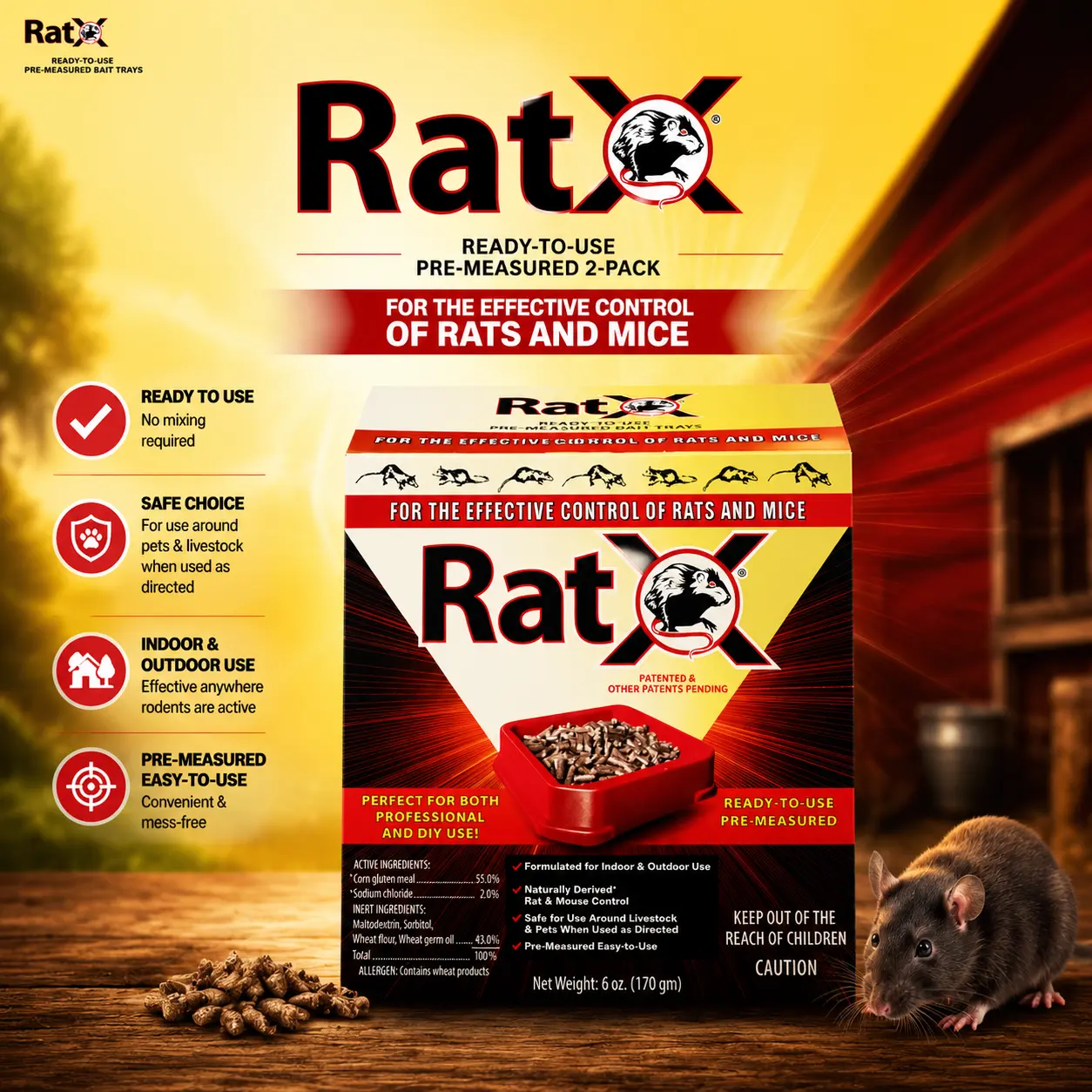 RatX Ready-to-Use Rat Control Bait - Pre-Measured 3 oz, 2-Pack Indoor Home Pest Control Supplies