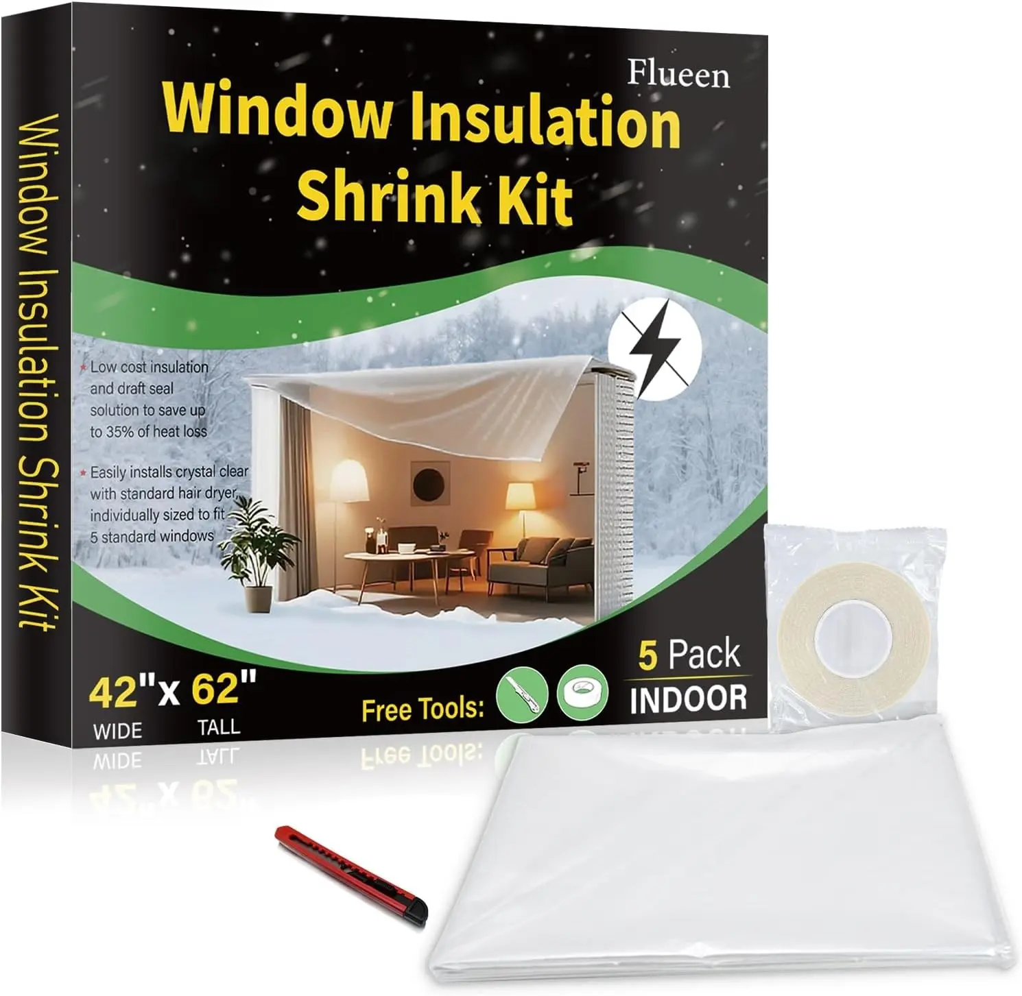 Window Insulation Kit for Winter,Plastic Shrink Film & Strong Tape, Indoor Thermal Seal to Block Drafts, Cold Air for Windows and Patio Doors,5-Pack(42"W x 62"T)