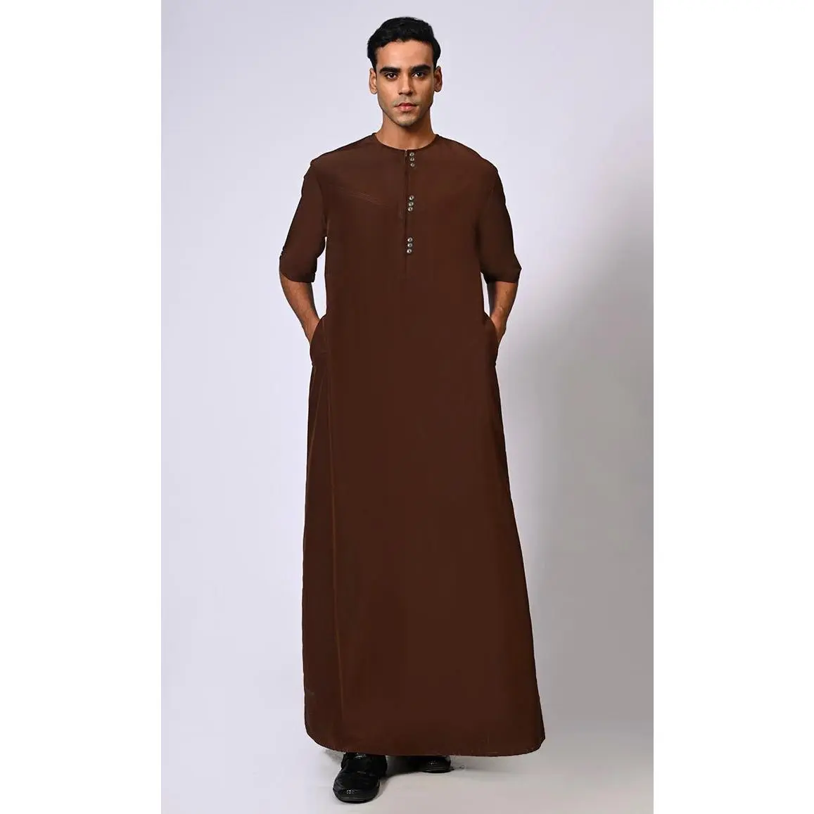 Zip-Up Men's Brown Thobe with Show Buttons and Stitch Detail - Final Sale