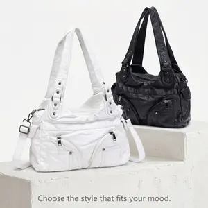Y2K Washed Leather Tote Bag for Women – Multi-Pocket Large Capacity Shoulder Bag – Soft Vegan Leather Hobo Crossbody Bag for Daily Work, Travel & Shopping