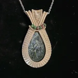 Moss Agate Cabochon Wire Wrapped Pendant with Morganite Accent, Silver Chain Included