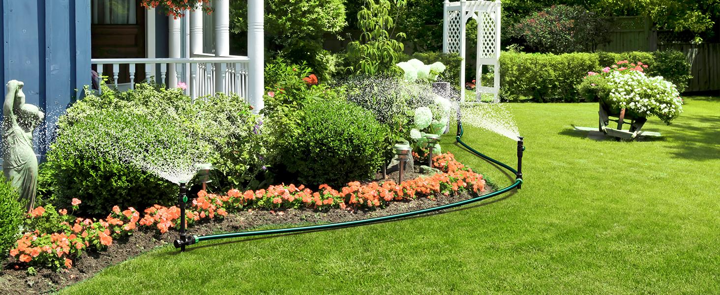 RESTMO Flexible Sprinkler System with Metal Spike Base, Above Ground DIY Irrigation Kit, Multi-Adjustable Lawn Sprinkler Set, Ideal for Plant and Flower Bed Watering, 30ft Garden Hose Included RESTMO Flexible Sprinkler System with Metal Spike Base, Above Ground DIY Irrigation Kit, Multi-Adjustable Lawn Sprinkler Set, Ideal for Plant and Flower Bed Watering, 30ft Garden Hose Included