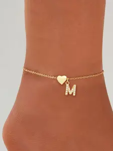 Women's Pave Zirconia Initial Heart Anklet, Stainless Steel Chain, Casual Fashion Jewelry for All Seasons