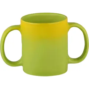 Dual Handle Mug (Double Grip Mug) made of Ceramic to Aid Tremors, 11.83 US Fl. Oz. (350mL) (Yellow & Green)