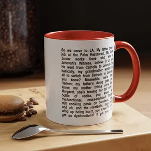 Queen of Melrose “My Father Gets a Job at the Palm Restaurant” Mug, Funny Story Paragraph Ceramic Mug, Minimal Black Text Cup, Unique Gift