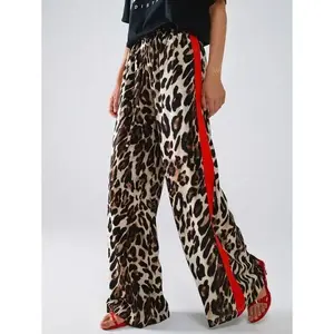 Women's Leopard Print & Red Stripe Wide Leg Pants - Casual Loose Fit, Elastic Waist, Mid Waist, Long Length, 100% Polyester, Machine Washable - Brown Party Fabric linen pants Womenswear Birthday Bottom Striped