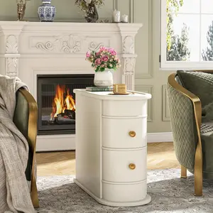 LustreC Wood End Table Set of 2, Narrow Solid Side Table 2-Drawer Slim Chair Side Table, No Assembly Required, Finished Back, White