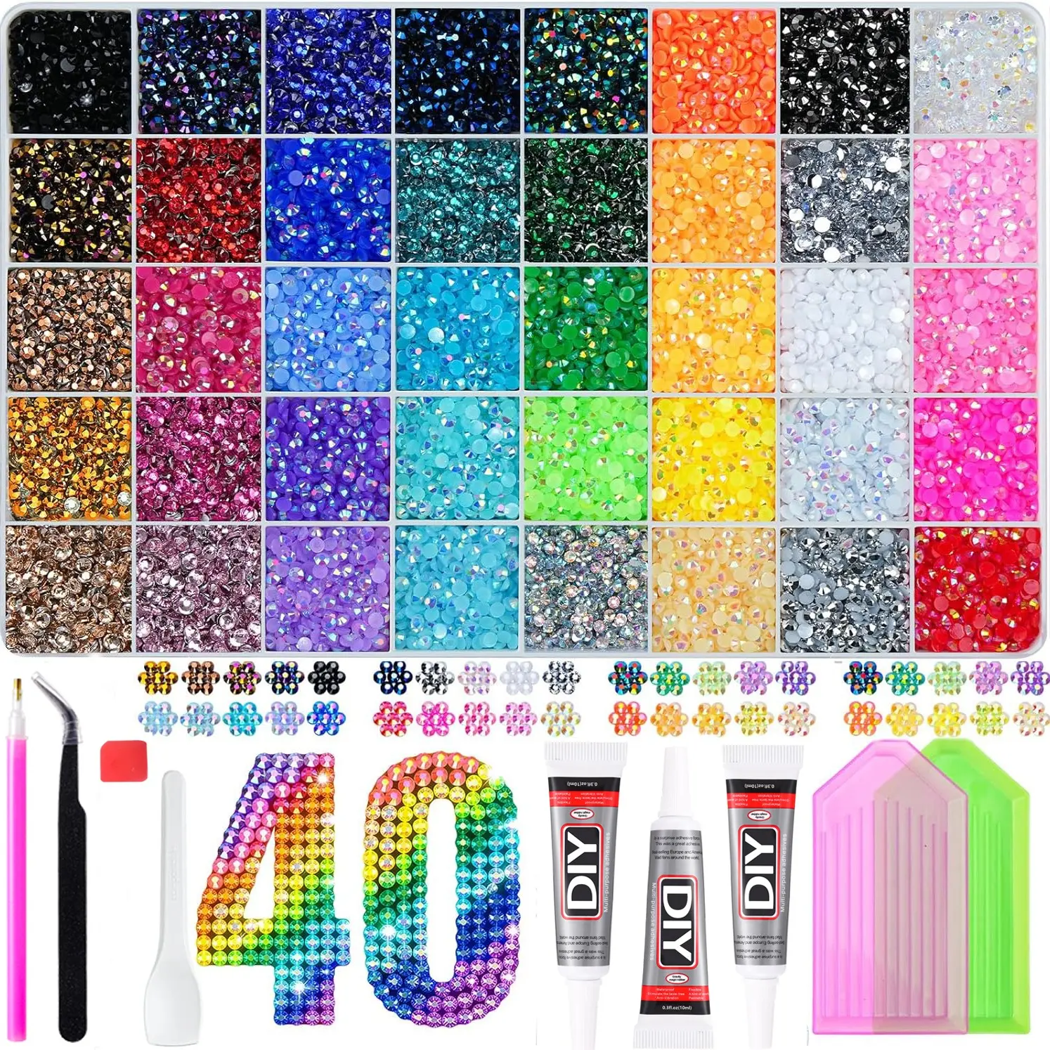 40-Piece Colorful Ab Rhinestone Set, High-Luster Glass Flat Back Studs, Includes Dotting Pen and Glue,Nail Art Rhinestones 、 Flatback Crystals 、 with Adhesive Glue 、 Diamond Painting， Handmade DIY Decoration Kit, Bling Rhinestone Decoration