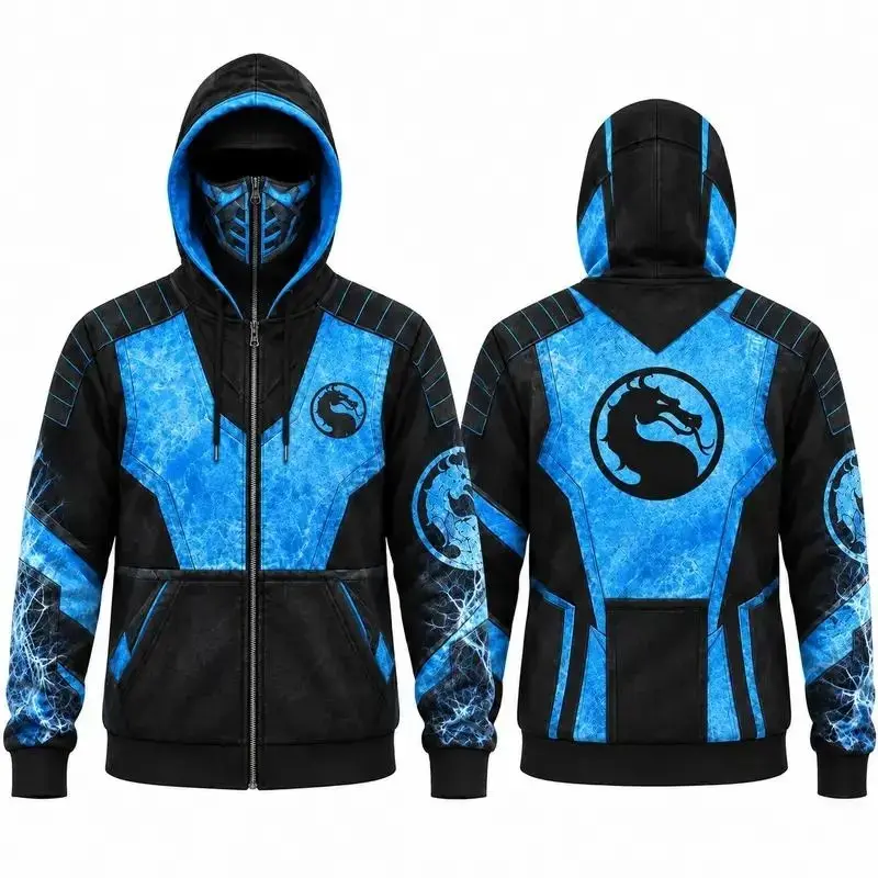 M0rtal K0mbat Sub-Zero Mens Zip-Up Hoodie, Lin Kuei Guild Built-In Face Mask Jacket, Blue Black Ninja Armor All-Over Print Hooded Sweatshirt, Cosplay Gamer Gift