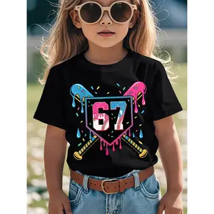 ' Funny 67 Number & Ice Cream Drip Meme Graphic T-Shirt - Soft Breathable Short Sleeve Tee with 67 Number Design, Casual Casual Attire, Birthday Party Outfit for 6-7 Year Old ( to Sizes) - Cute Streetwear Top for Boys & Girls - Playful Baseball-Insp