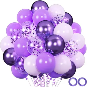 60pcs Purple Balloons, 12inch Metallic Chrome Lavender Lilac Light Purple & Confetti Balloon for Birthdays, Weddings, Bridal Showers & Princess Parties (66ft Ribbons)