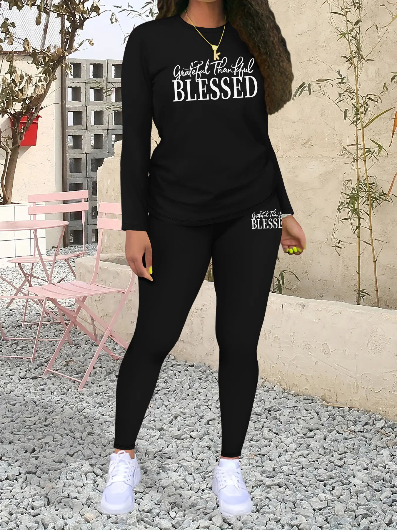 BLESSED Letter Print Women's Casual Sportswear Two-Piece Set, Casual Sporty Set, Sweatsuit Set, Athleisure Wear Set, Athleisure Outfits, Activewear Set, Fashionable Long Sleeve Top & Tight Pants, Fall & Winter, Workout Sets Women, Matching Workout Set