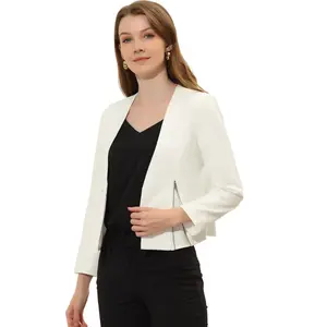 Allegra K Women's Work Office Zipper Decor Collarless Cropped Blazer White Large