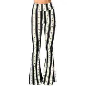 Daisy Del Sol Women’s Flare Stretch Yoga Comfortable High Waisted 70s Hippie Bohemian Floral Stripe Print Legging Loungewear Festival Forbidden Pants Bell Bottoms  - Black Coquette