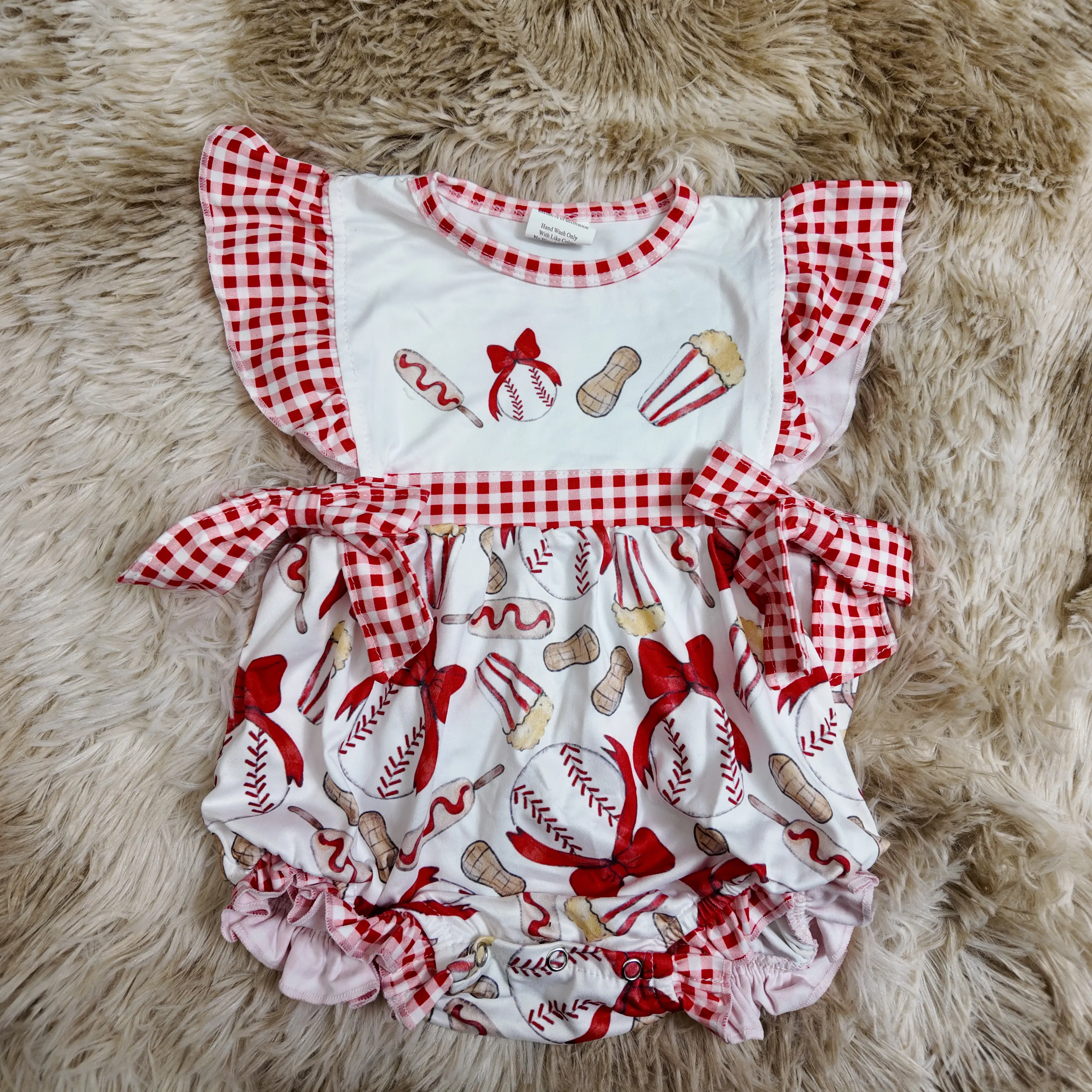 Baby Girl's Red Gingham Bubble Romper, Summer Bodysuit with Baseball & Bow Print, Baby Girls Clothing