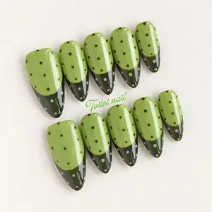 Matcha Polka Dot Handmade Press-On Nails | Short Almond Shape, 10pcs Handmade | Matcha Green Dark Green French Tip + Polka Dot Graffiti | High Gloss Finish | Reusable DIY Nail Kit for Spring/Summer Daily/Date | Trendy Y2K Edgy Aesthetic Look Glossy