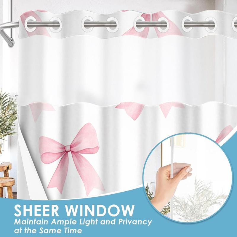 1pc hookless shower curtain with buckle lining, spring pink and white bow pattern design, 2D flat printing, fabric waterproof lining, see-through double-layer shower curtain, 71 x 74 inches, modern home draping curtain, Shower Curtain Liner