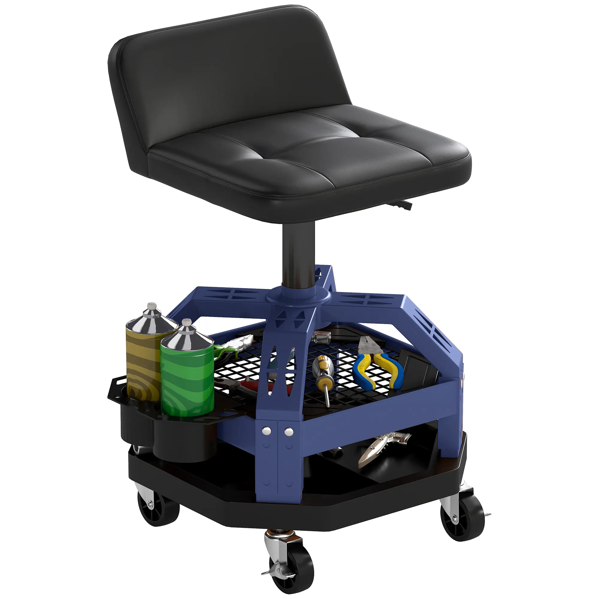 HOMCOM Ergonomic Mechanic Stool, 31.7"-36.4" Height-Adjustable Garage Creeper Chair with Dual Storage Trays, 360° Wheels, 300 lbs Capacity, Heavy-Duty Padded Roller Shop Tool, Blue, Ergonomic Design