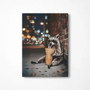 Cool City Raccoon Sunglasses Framed Art | Urban Night Aesthetic Canvas Print | Modern Apartment Decor
