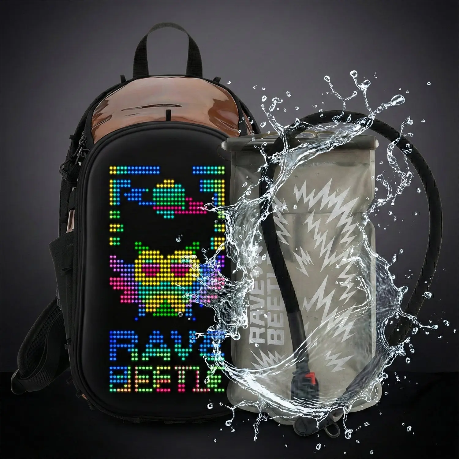 RaveBeetle Elytra LED Hydration Pack 2.0 – Festival Backpack with Water Bladder (Holographic Mocha)