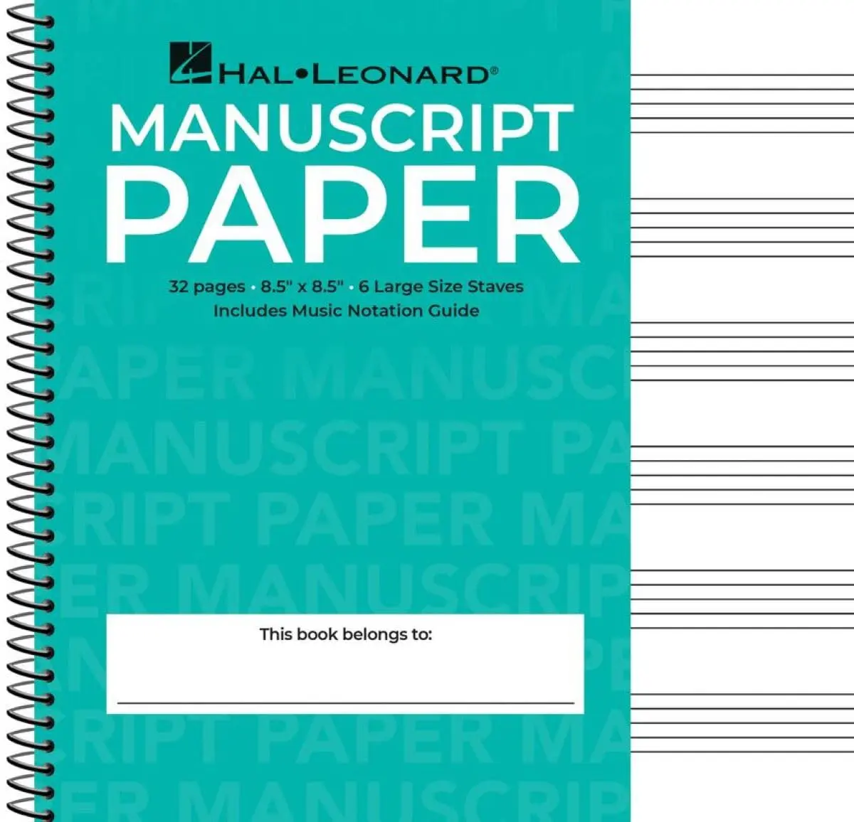 Wide Staff Wirebound Manuscript Paper Aqua Cover Spiral Music Notebook 6 Staves Per Page with Notation Guide -- Hal Leonard Corp - Spiral