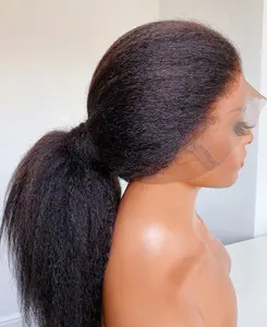 Soft 180% Density Black Kinky Straight Yaki 30inch Hair Wig for Women - Heat-Resistant, Lace Front, Suitable for Synthetic Hair, 13 * 4 * 1 L