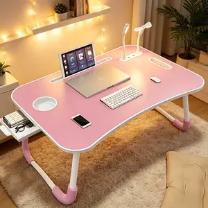 Portable Bed Desk, Folding Lap Desk with 4 USB Ports, Wind Fan, LED Light, Cup Holder and Side Drawer for Working, Reading, Writing, Eating on Bed, Sofa, Floor (Pink)