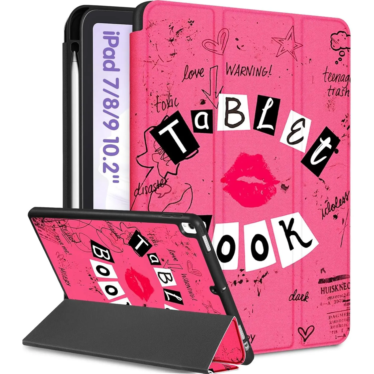 Leather Folio Tablet Cover with Pencil Holder for iPad 7th-9th Gen (10.2 in, A2602/A2270/A2197) - Cute Red Lips Design, Durable Shockproof Case, Girls' Electronics Accessory for Friends, Family, Adjustable, Pu Leather