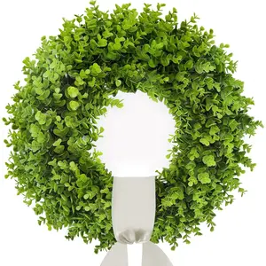 20'' Boxwood Wreath for Front Door Artificial Wreath, All Year Round Farmhouse Green Wreath with Welcome Sign Bow & Beige Sash, Foldable Indoor for Wedding Window Wall