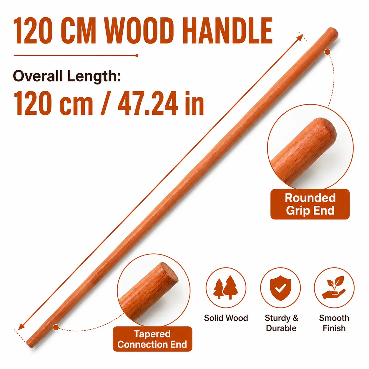 47 inches Wooden Replacement Handle - Sturdy, Durable, Splinter-Free Long-Lasting Accessory for Broom, Mop, Garden Tools Cleaning